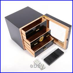 3-Layer Cedar Humidor Lined Cigar Hygrometer Humidifier Piano Finish Wood Case