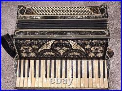 Antique Italian Ornate Black & White MOP Full Size Piano Accordion withCase ITALY