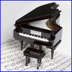 Black Baby Grand Piano Music Box with Bench and Black Case