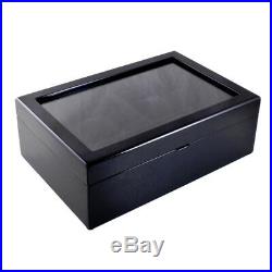 Black Piano Finish Wood Watch Case Box With Glass Top LID Holds 10 Watches