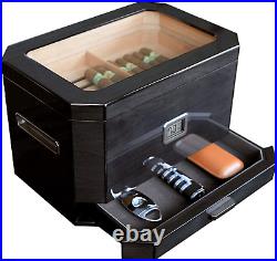 CASE ELEGANCE Octodor Large Black Piano Finish Glass Top Cedar Humidor with and