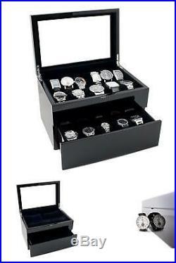 Collection Piano Glossy Black Wood Watch Case Display Storage Box Glass Top Hold
