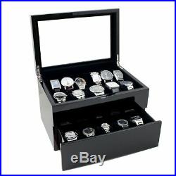 Collection Piano Glossy Black Wood Watch Case Display Storage Box Glass Top Hold