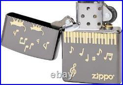 Zippo Oil Lighter Cat Piano Design Note Gold Black Etching Regular Case Japan