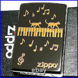 Zippo Oil Lighter Cat Piano Design Note Gold Black Etching Regular Case Japan
